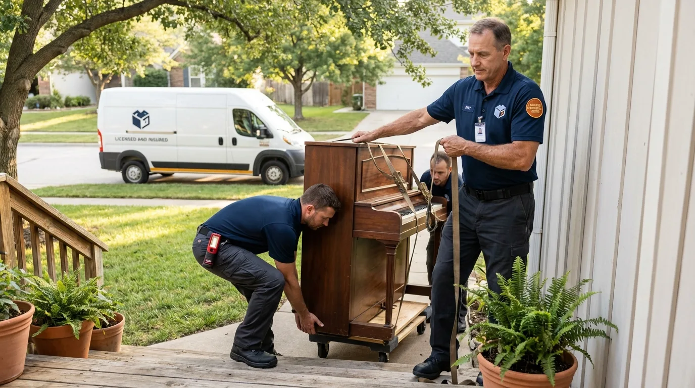 Licensed piano movers securing grand piano in Dobbs Ferry, NY