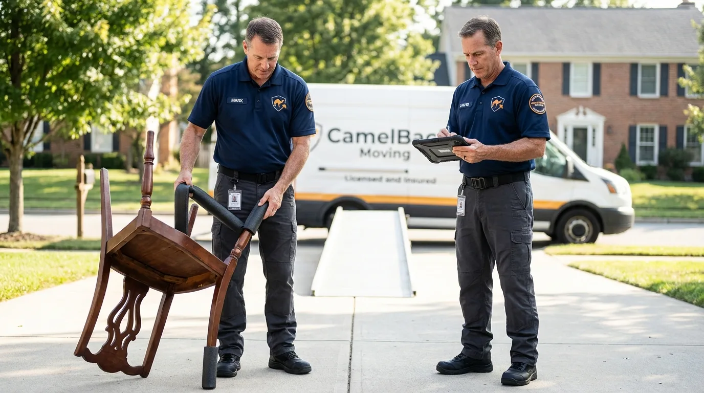 Movers inspecting furniture for damage prevention before loading in Dobbs Ferry, NY