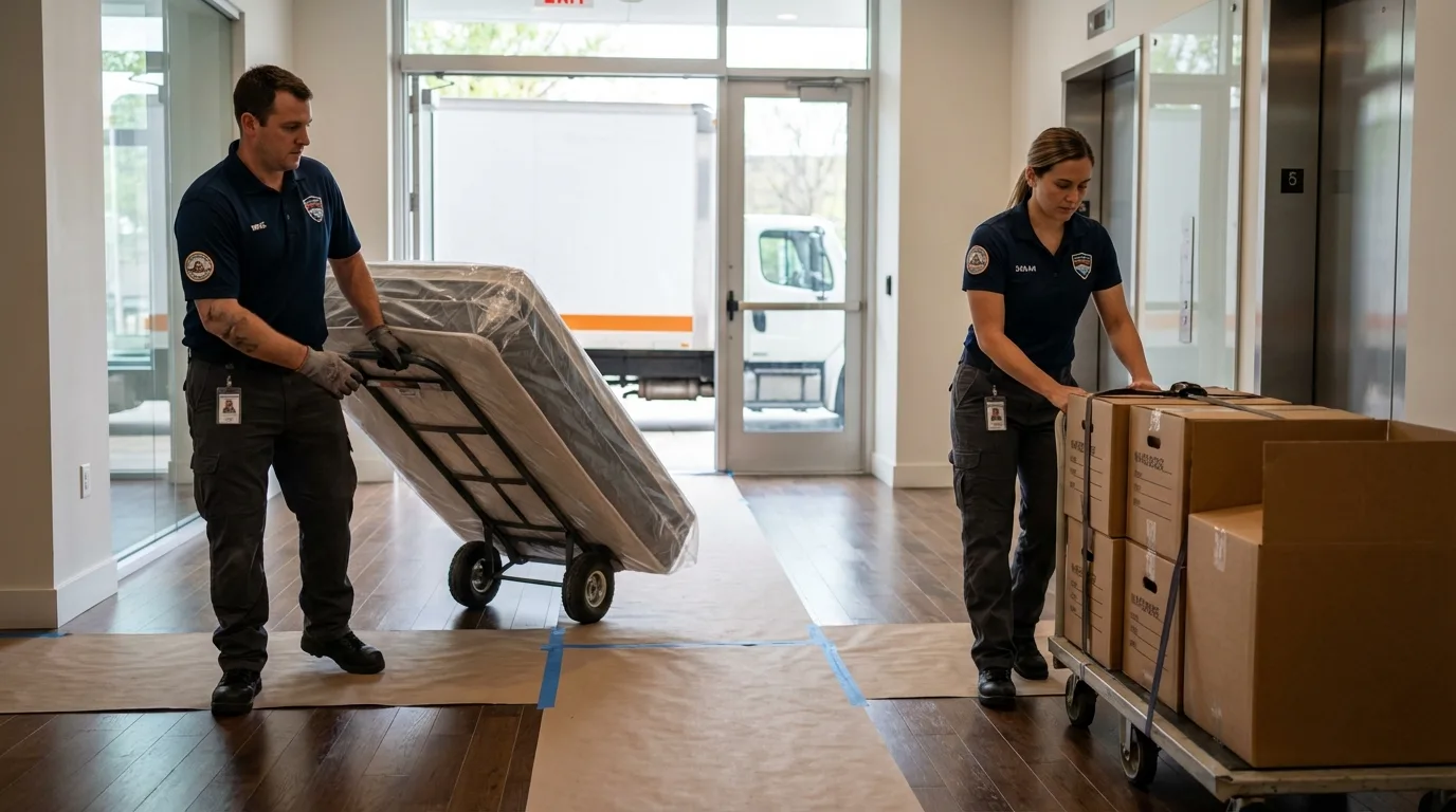 Professional apartment movers loading elevator in Dobbs Ferry, NY
